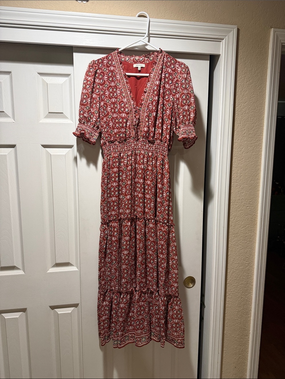 Max Studio Rust Floral V-Neck Tiered Maxi Dress